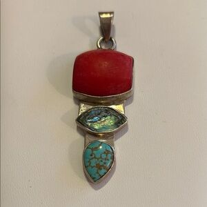 Artisan Silver Pendant of Red Coral, Turquoise & Abalone